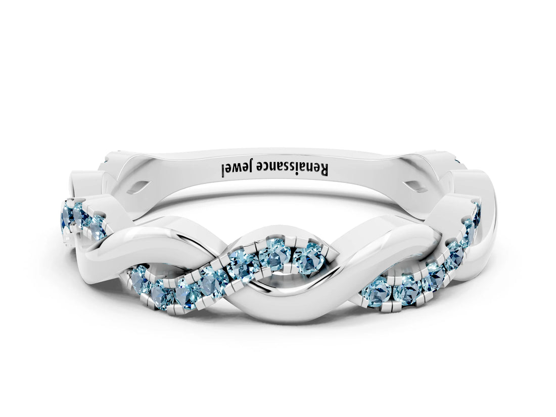 White gold Pavé Round Aquamarine Twist Eternity Band with Shared Prong Setting_30