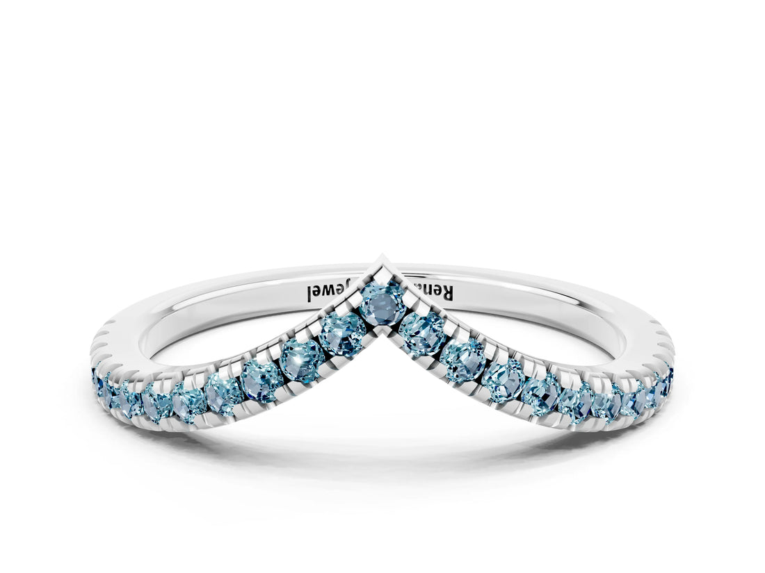 White gold Pavé Round Aquamarine V-Shaped Chevron Band with Shared Prong Setting_6