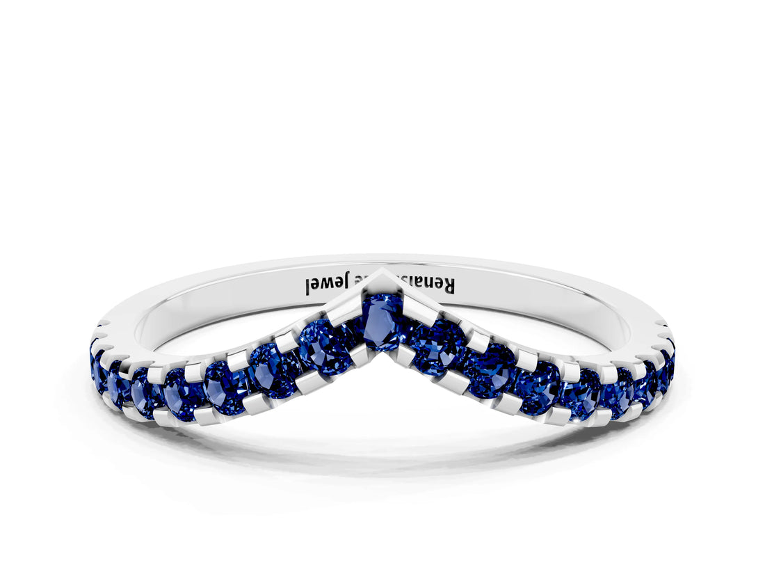 White gold Pavé Round Blue Sapphire Chevron Band with Shared Prong Setting_6