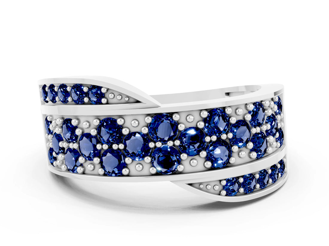White gold Pavé Round Blue Sapphire Crossover Band with Bead Prong Setting_6