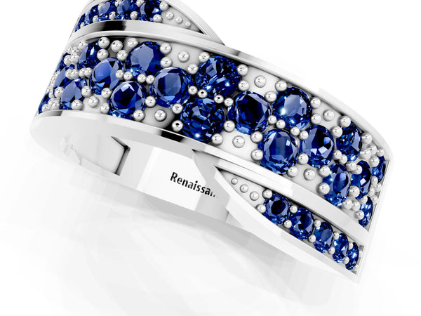 Silver Pavé Round Blue Sapphire Crossover Band with Bead Prong Setting
