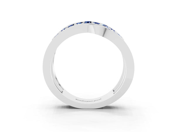 White gold Pavé Round Blue Sapphire Crossover Band with Bead Prong Setting