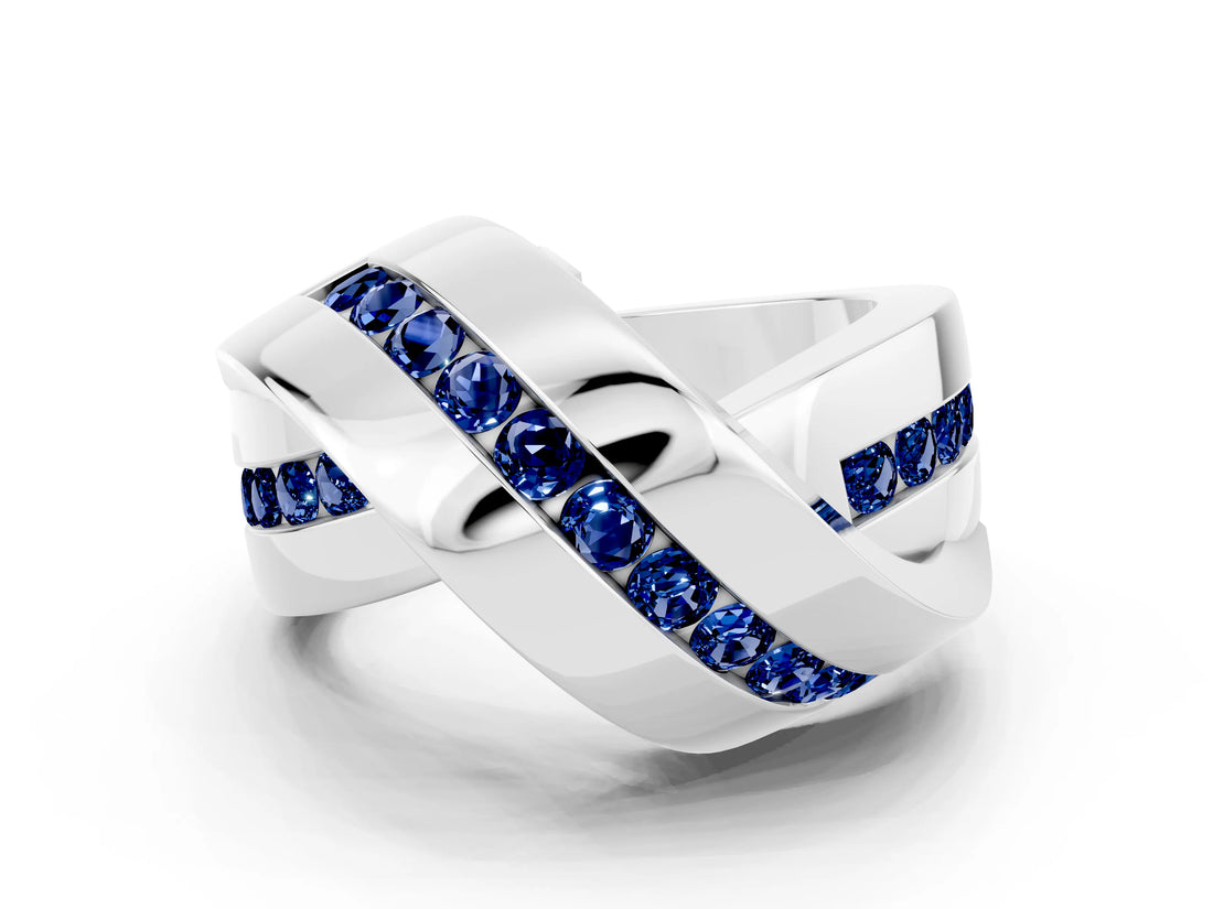 White gold Pavé Round Blue Sapphire Crossover Band with Channel Setting_6