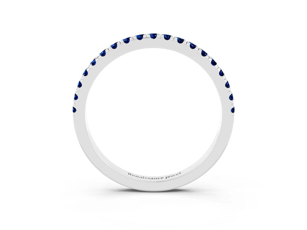 Platinum Round Lab-Grown Blue Sapphire Slim Pave Half Eternity Band with Shared Prongs