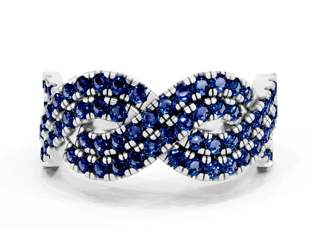 White gold Pavé Round Blue Sapphire Infinity Twist Band with Shared Prong Setting_12