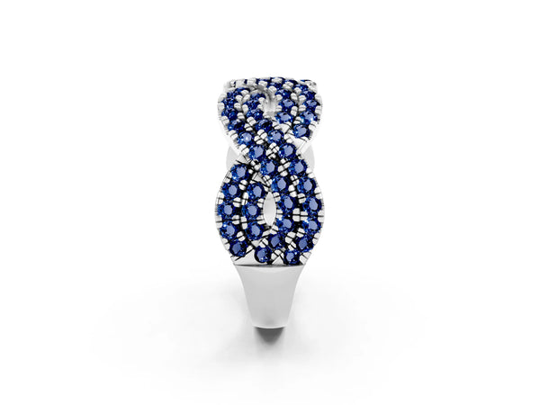 White Gold Round Lab-Grown Blue Sapphire Pave Infinity Twist Wedding Band with Shared Prongs