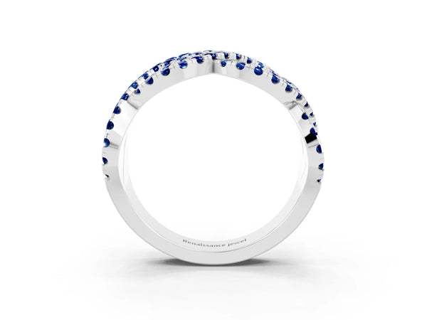 White Gold Round Lab-Grown Blue Sapphire Pave Infinity Twist Wedding Band with Shared Prongs