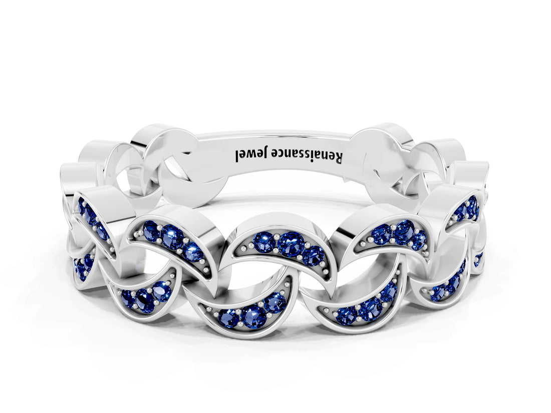 White gold Pavé Round Blue Sapphire Interlocking Eternity Band with Bezel Prong Setting_6