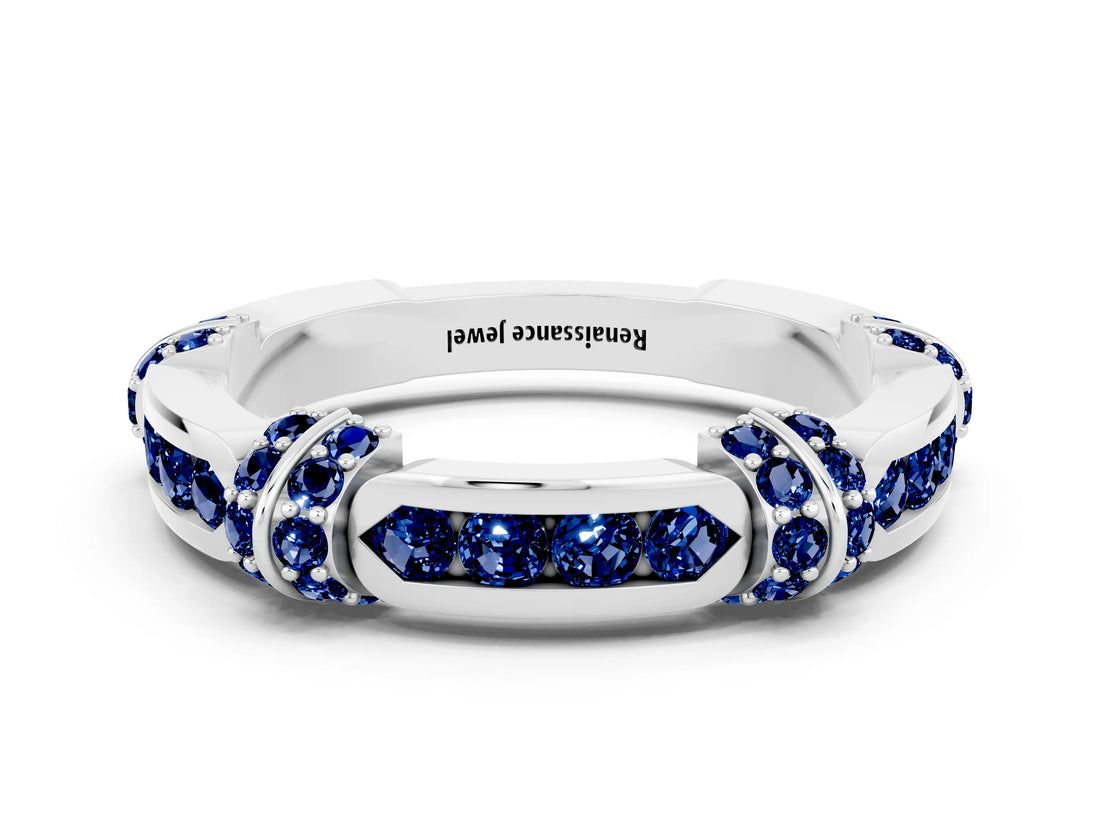 White gold Pavé Round Blue Sapphire Link Band with Bezel Setting_18