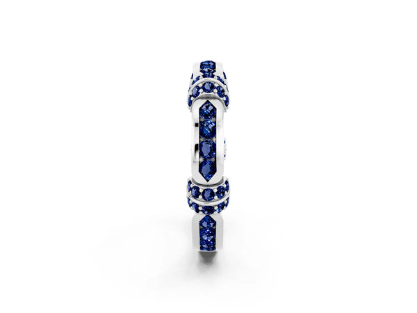 White Gold Lab-Grown Blue Sapphire Pave Link Wedding Band with Channel Set Top Panel
