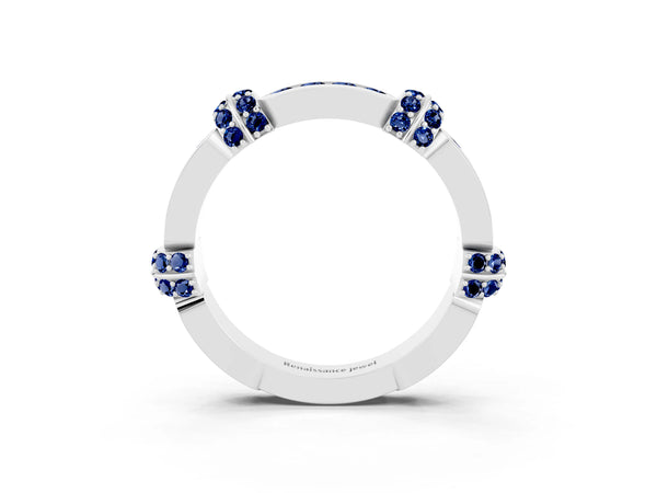 White Gold Lab-Grown Blue Sapphire Pave Link Wedding Band with Channel Set Top Panel