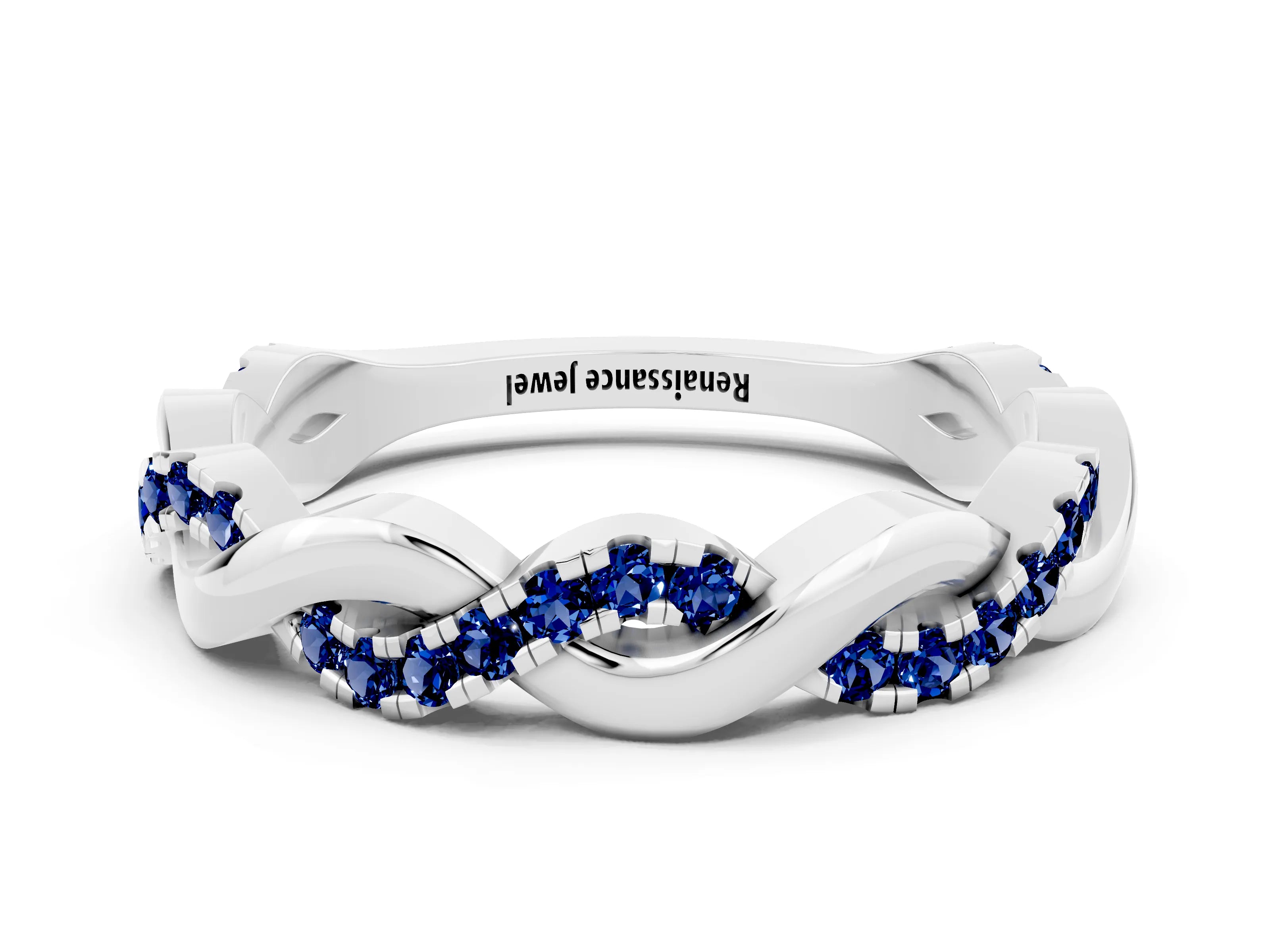 White gold Pavé Round Blue Sapphire Twist Eternity Band with Shared Prong Setting_6