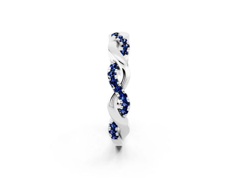 White gold Pavé Round Blue Sapphire Twist Eternity Band with Shared Prong Setting_8