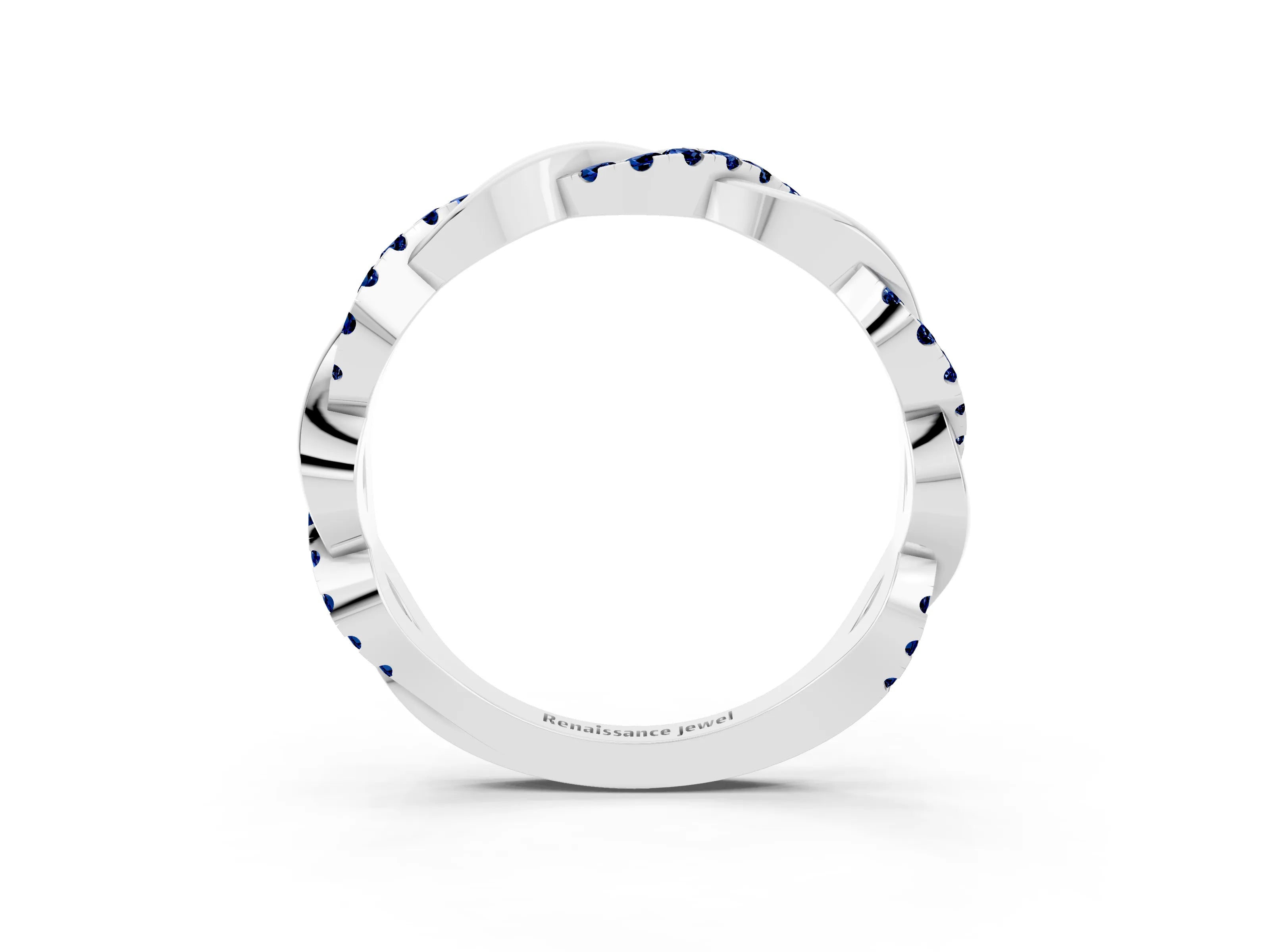 White gold Pavé Round Blue Sapphire Twist Eternity Band with Shared Prong Setting_9