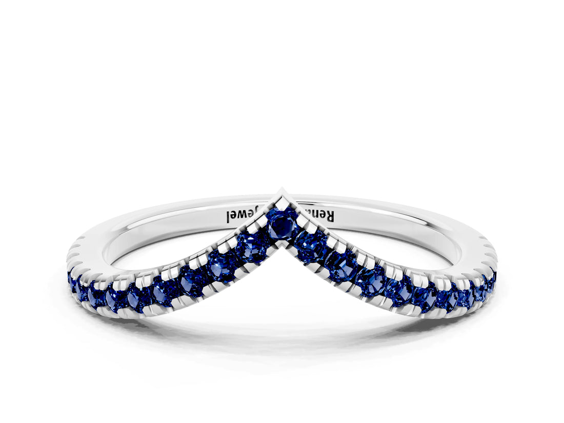 White gold Pavé Round Blue Sapphire V-Shaped Chevron Band with Shared Prong Setting_6