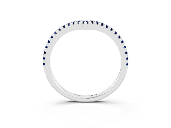 Platinum Round Lab-Grown Blue Sapphire V Chevron Pave Wedding Band with Shared Prongs