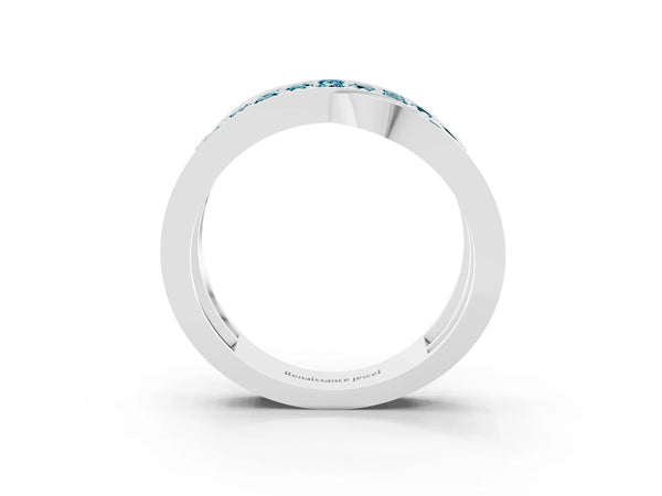 Silver Pavé Round Blue Topaz Crossover Band with Bead Prong Setting