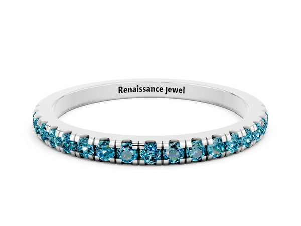 Platinum Round Blue Topaz Slim Pave Half Eternity Band with Shared Prongs