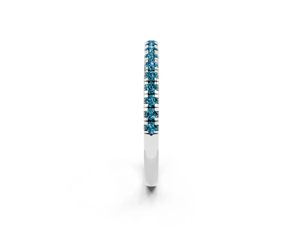 Platinum Round Blue Topaz Slim Pave Half Eternity Band with Shared Prongs