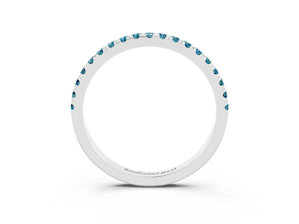 Platinum Round Blue Topaz Slim Pave Half Eternity Band with Shared Prongs
