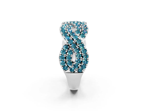 White Gold Round Blue Topaz Pave Infinity Twist Wedding Band with Shared Prongs