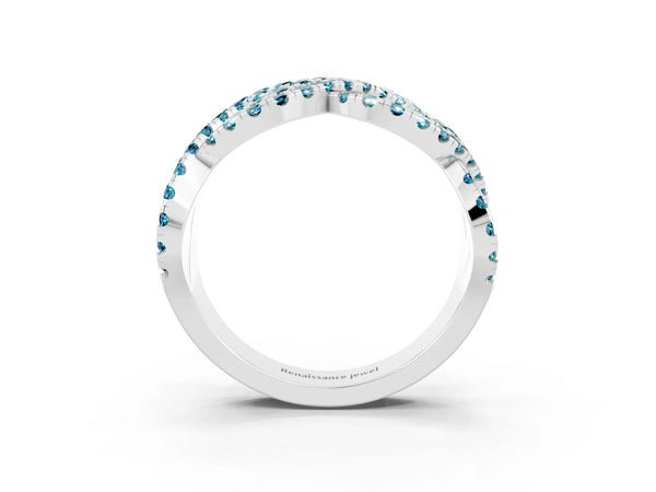 White Gold Round Blue Topaz Pave Infinity Twist Wedding Band with Shared Prongs