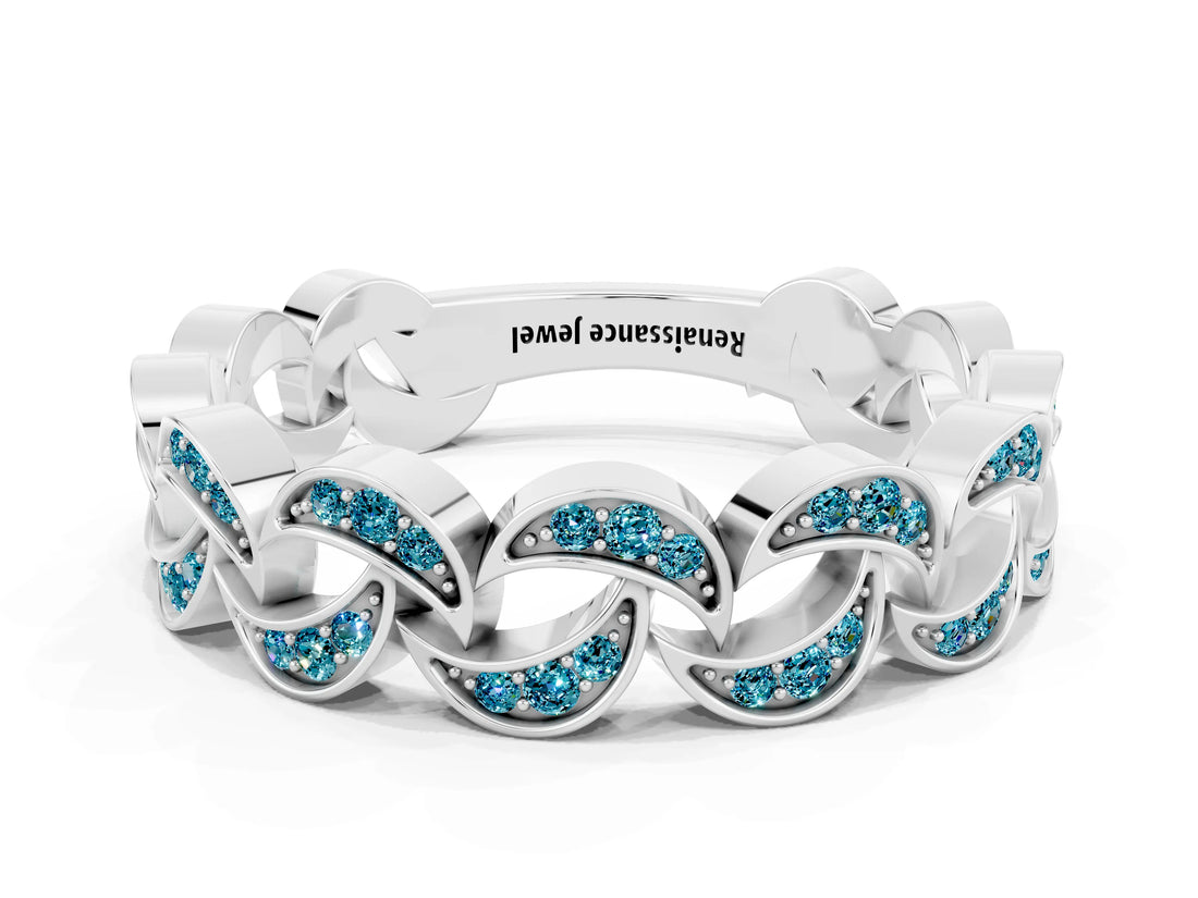 White gold Pavé Round Blue Topaz Interlocking Eternity Band with Bezel Prong Setting_6