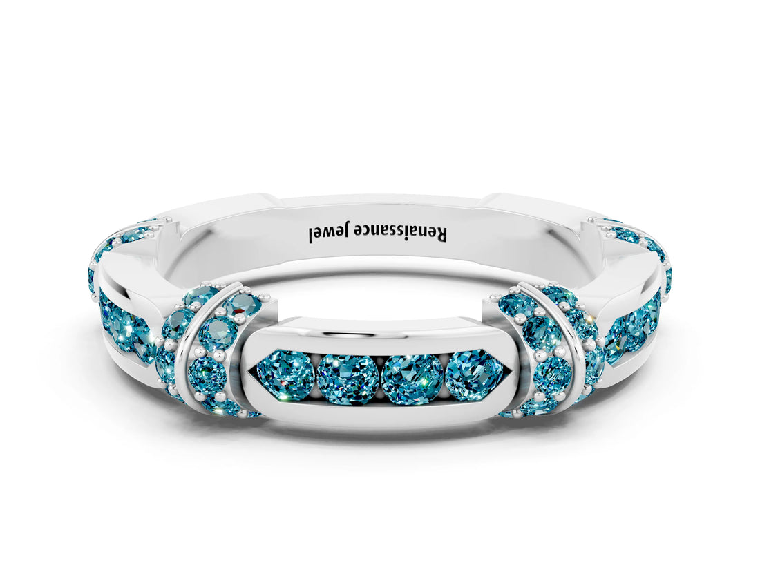 White gold Pavé Round Blue Topaz Link Band with Bezel Setting_18