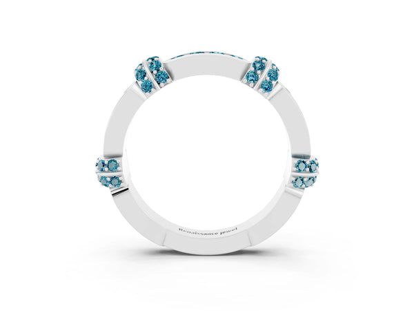 White Gold Blue Topaz Pave Link Wedding Band with Channel Set Top Panel