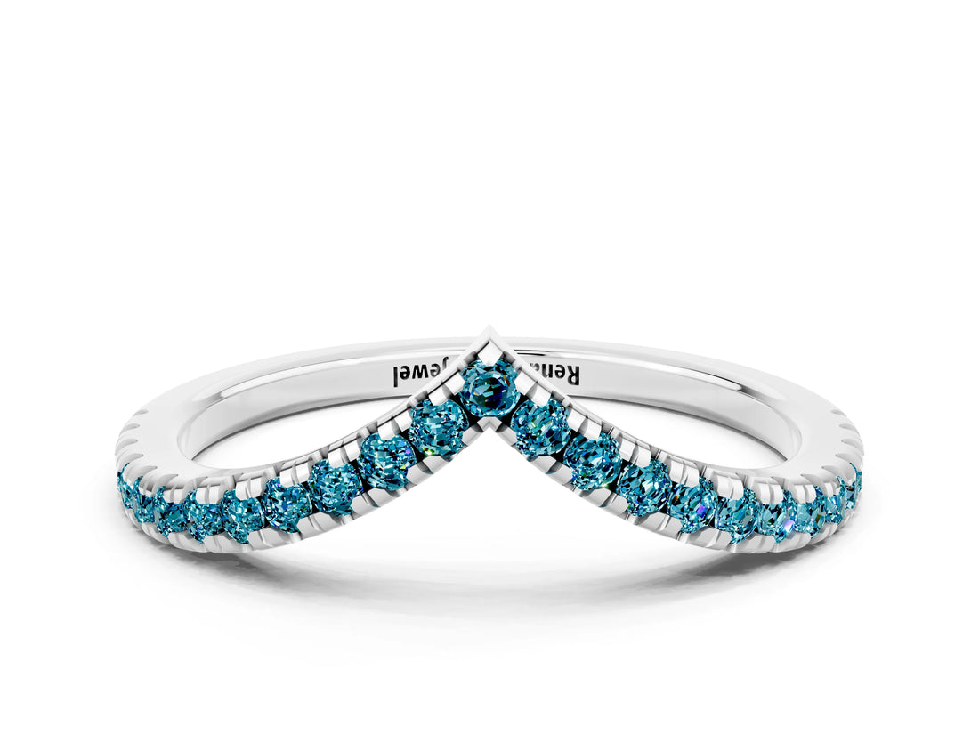 White gold Pavé Round Blue Topaz V-Shaped Chevron Band with Shared Prong Setting_6
