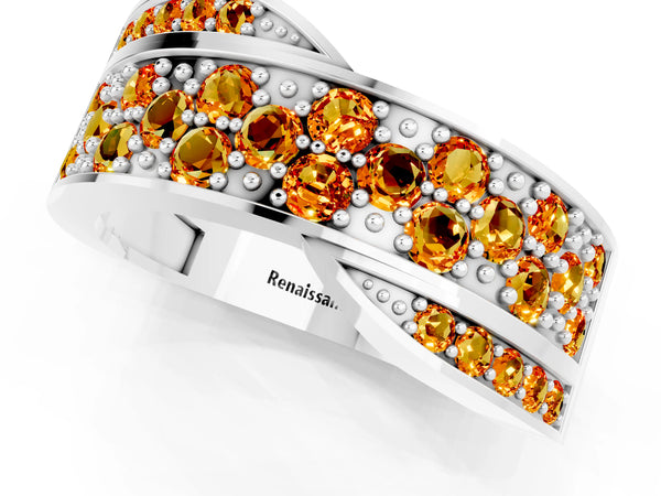 Platinum Pavé Round Citrine Crossover Band with Bead Prong Setting