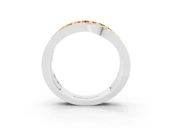 White gold Pavé Round Citrine Crossover Band with Bead Prong Setting