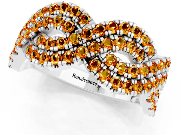 White Gold Round Citrine Pave Infinity Twist Wedding Band with Shared Prongs