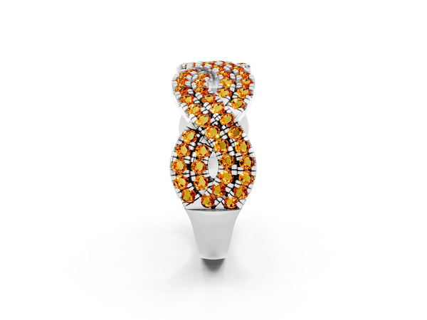 White Gold Round Citrine Pave Infinity Twist Wedding Band with Shared Prongs