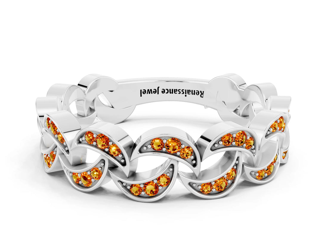 White gold Pavé Round Citrine Interlocking Eternity Band with Bezel Prong Setting_6