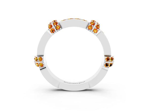 White Gold Citrine Pave Link Wedding Band with Channel Set Top Panel