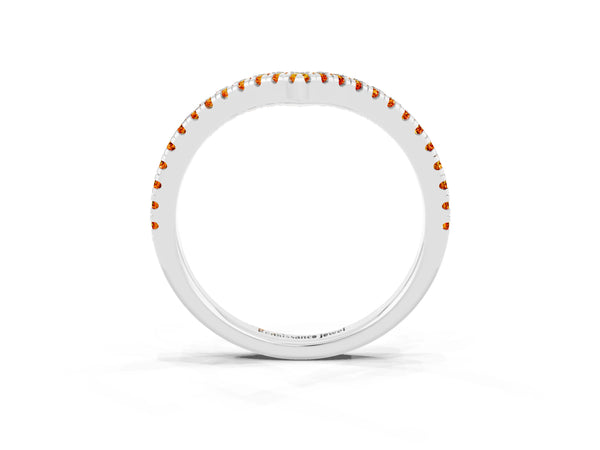 White Gold Round Citrine V Chevron Pave Wedding Band with Shared Prongs