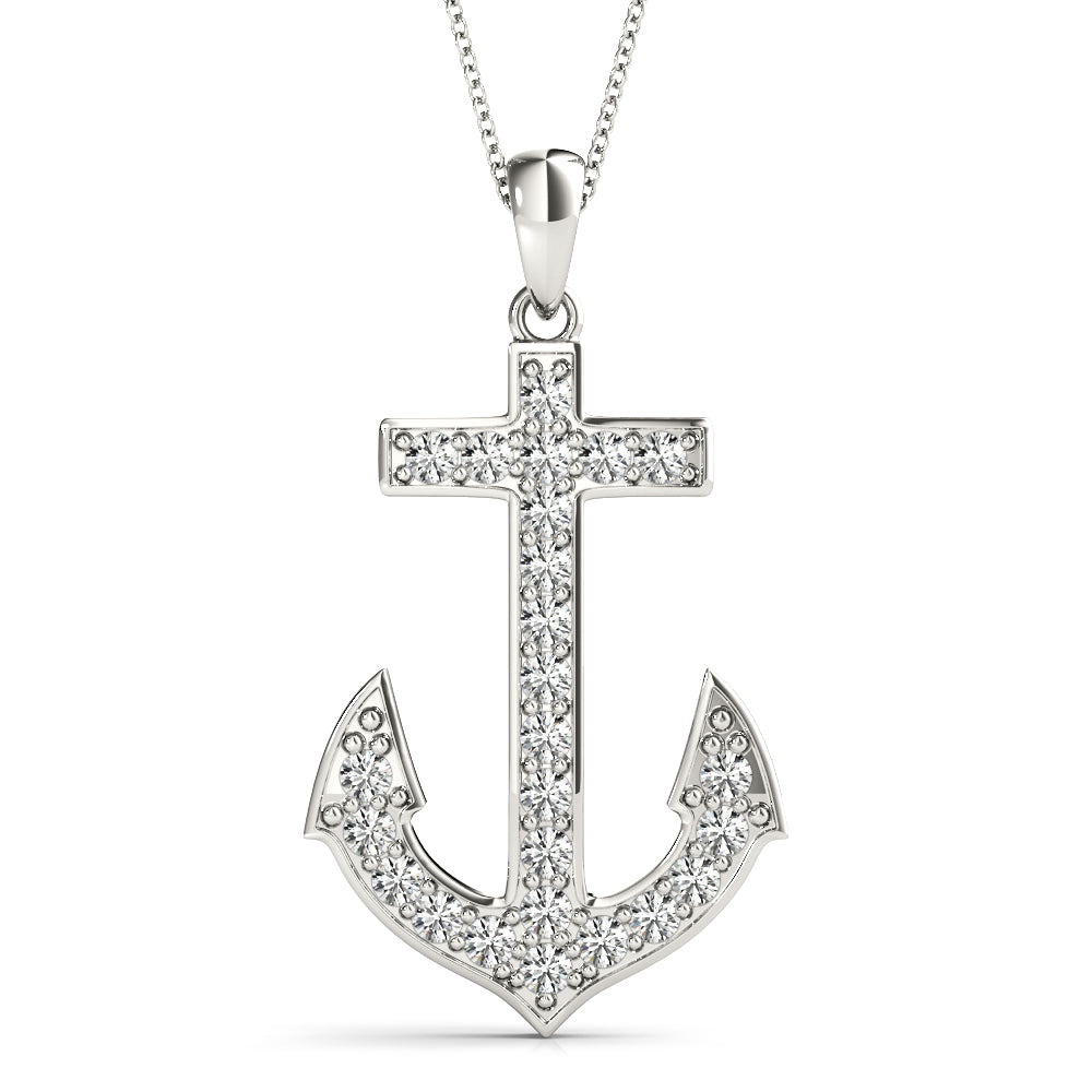 White gold Pavé Round Diamond Anchor Pendant with Four-Prong Setting