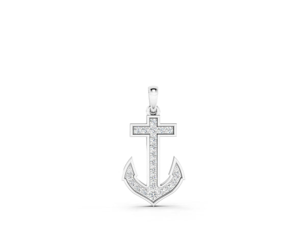 Silver Pavé Round Diamond Anchor Pendant with Four-Prong Setting