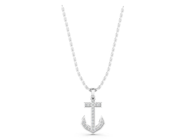 Silver Pavé Round Diamond Anchor Pendant with Four-Prong Setting
