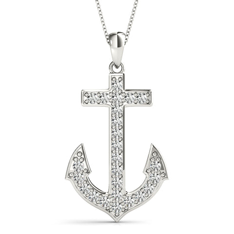 White gold Pavé Round Diamond Anchor Pendant with Four-Prong Setting