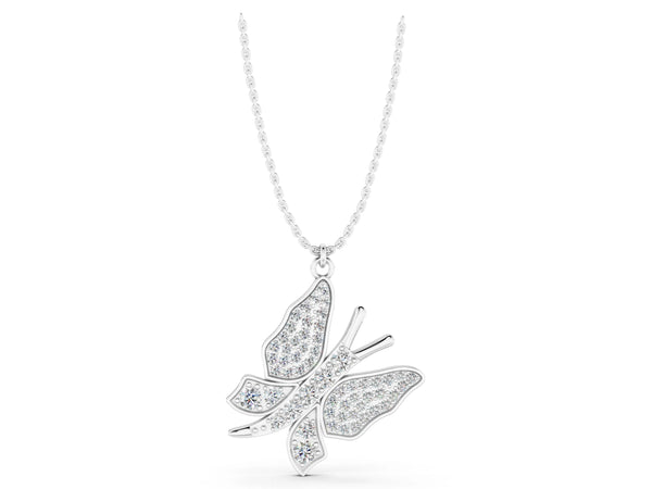 Silver Pavé Round Diamond Butterfly Pendant