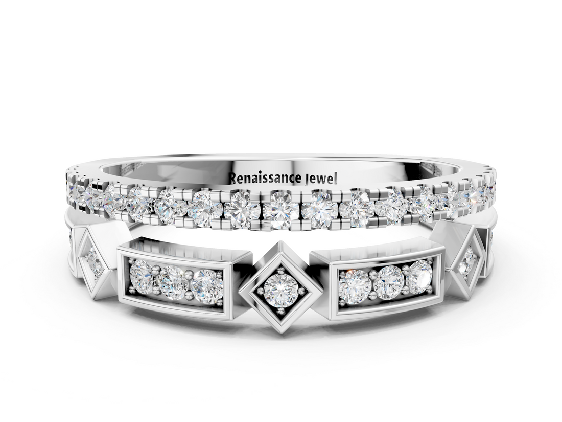 White gold Pavé Round Diamond Channel Set Dual Band with Prong Setting_47
