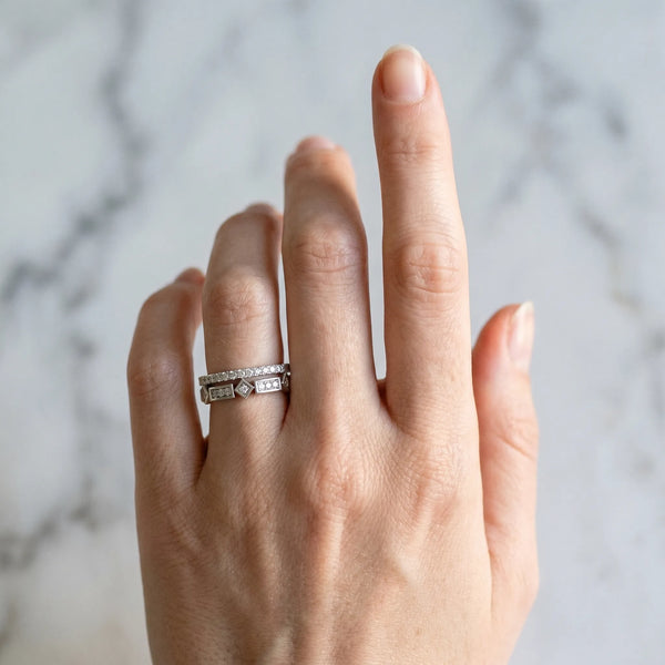 White gold Pavé Round Diamond Channel Set Dual Band with Prong Setting