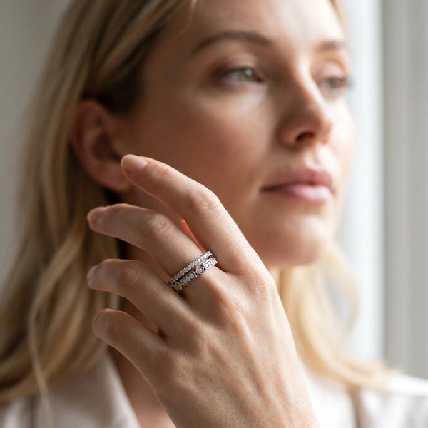 Platinum Pavé Round Diamond Channel Set Dual Band with Prong Setting
