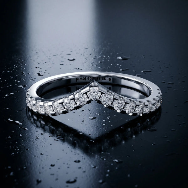 White gold Pavé Round Diamond Chevron Band with Shared Prong Setting