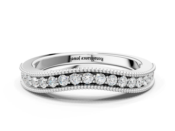 Platinum Pavé Round Diamond Contour Band with Milgrain Edge