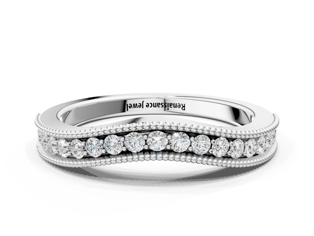 White gold Pavé Round Diamond Contour Band with Milgrain Edge_12
