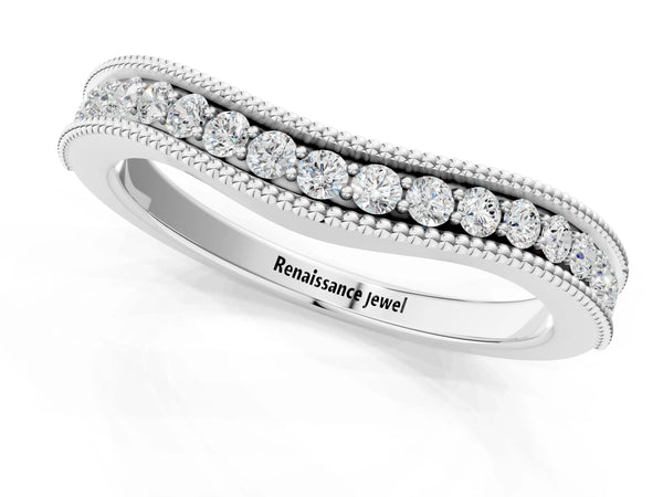 White gold Pavé Round Diamond Contour Band with Milgrain Edge