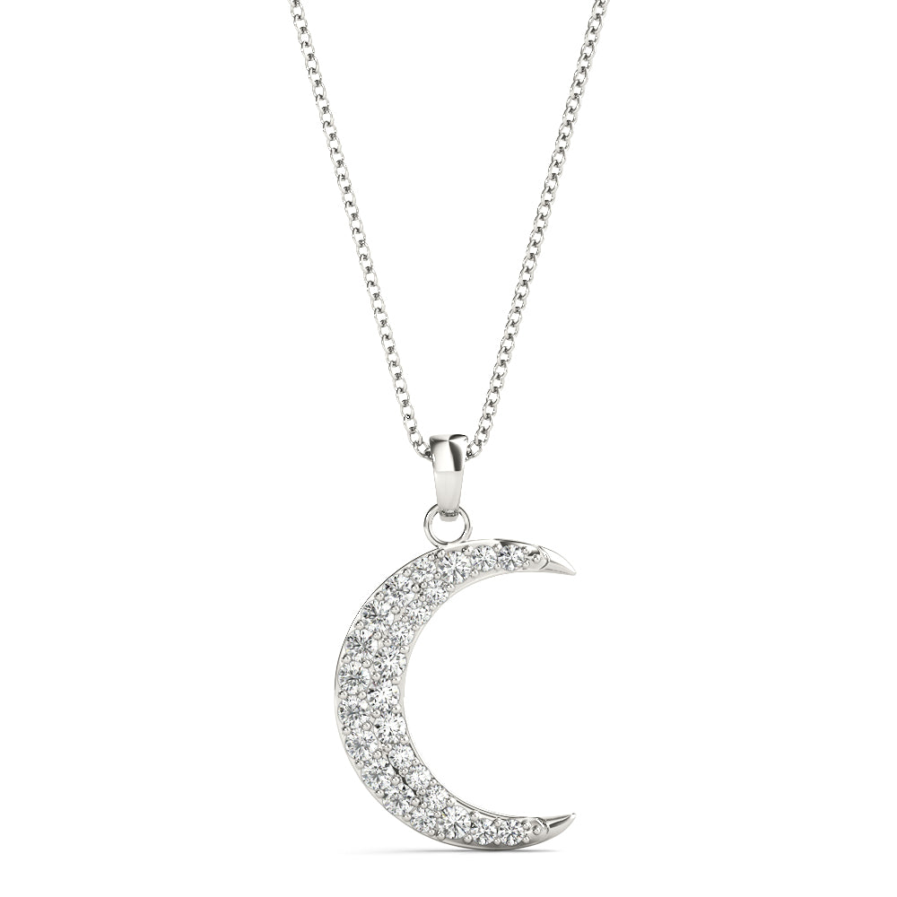 White gold Pavé Round Diamond Crescent Pendant with Four-Prong Setting